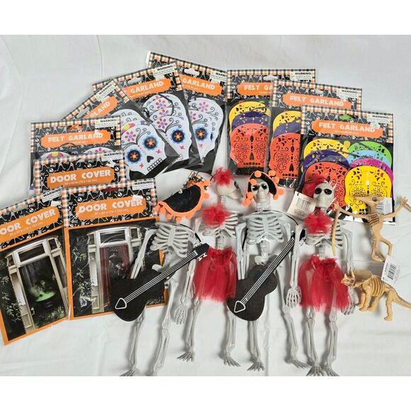 Halloween Décor Lot – Skeleton Figurines, Felt Garland, Door Covers, Day of the - Picture 1 of 10